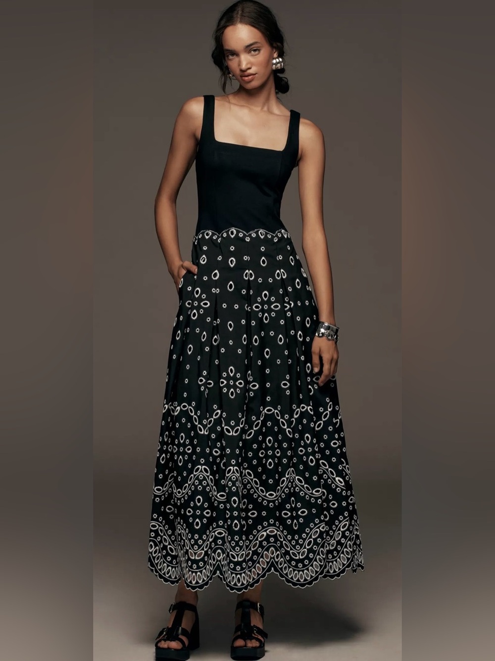 Maeve Sleeveless Square-Neck Eyelet Midi Dress